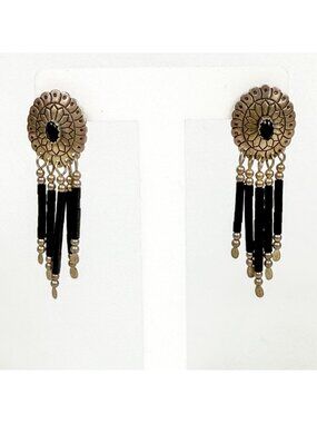 Southwestern Sterling Silver Black Onyx Conch Oval Fringe Dangle Earrings 2”